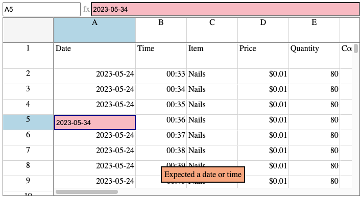 Spreadsheet Data Error State