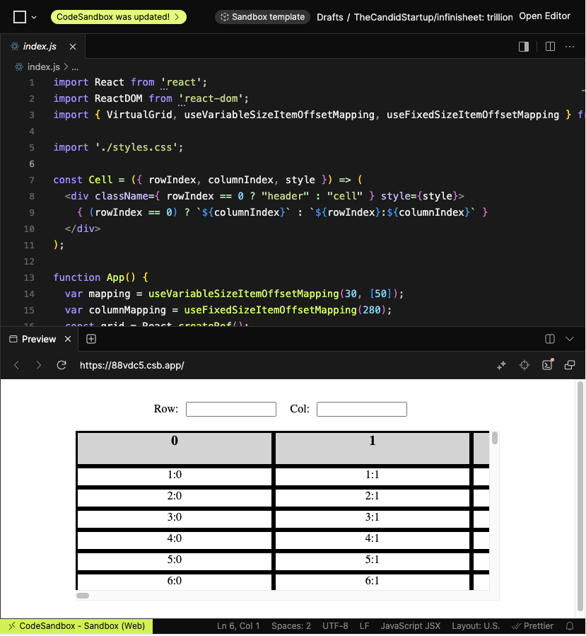 CodeSandbox running a react-virtual-scroll sample