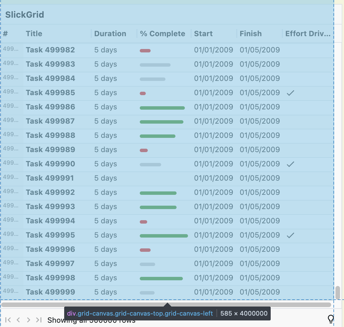 SlickGrid with Firefox Dev Tools showing height of container