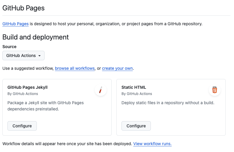 GitHub Pages Settings configured to use GitHub Actions