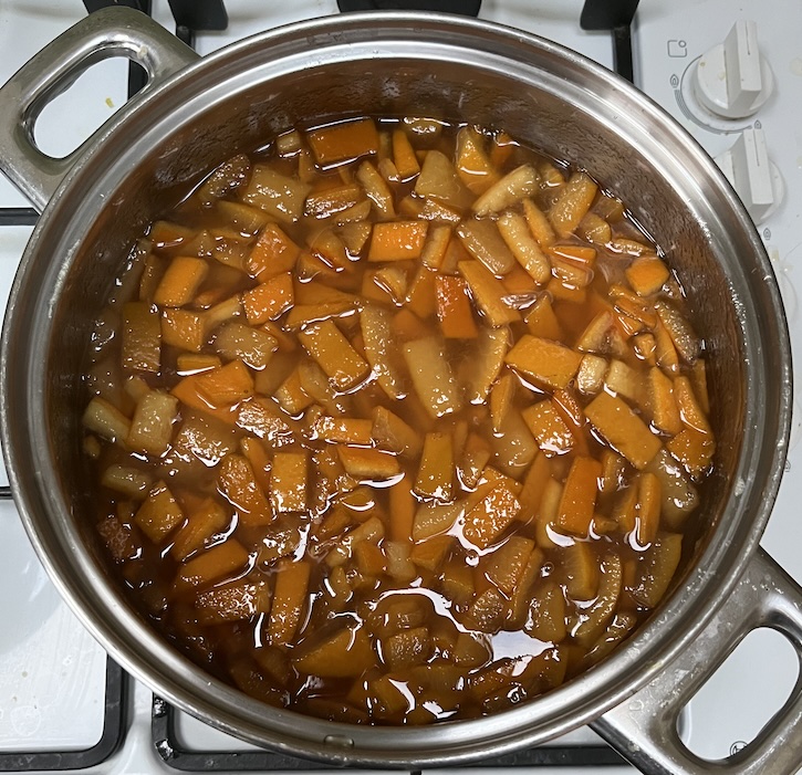 Sugar added, ready to simmer